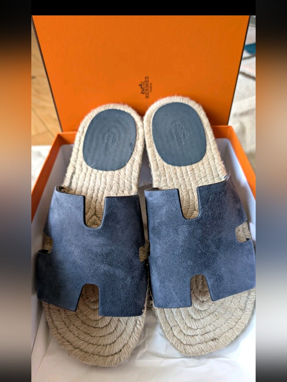 Hermès Antigua Espadrille Oran Slides Sandals Blue Suede US Men 7 (Women 8.5)